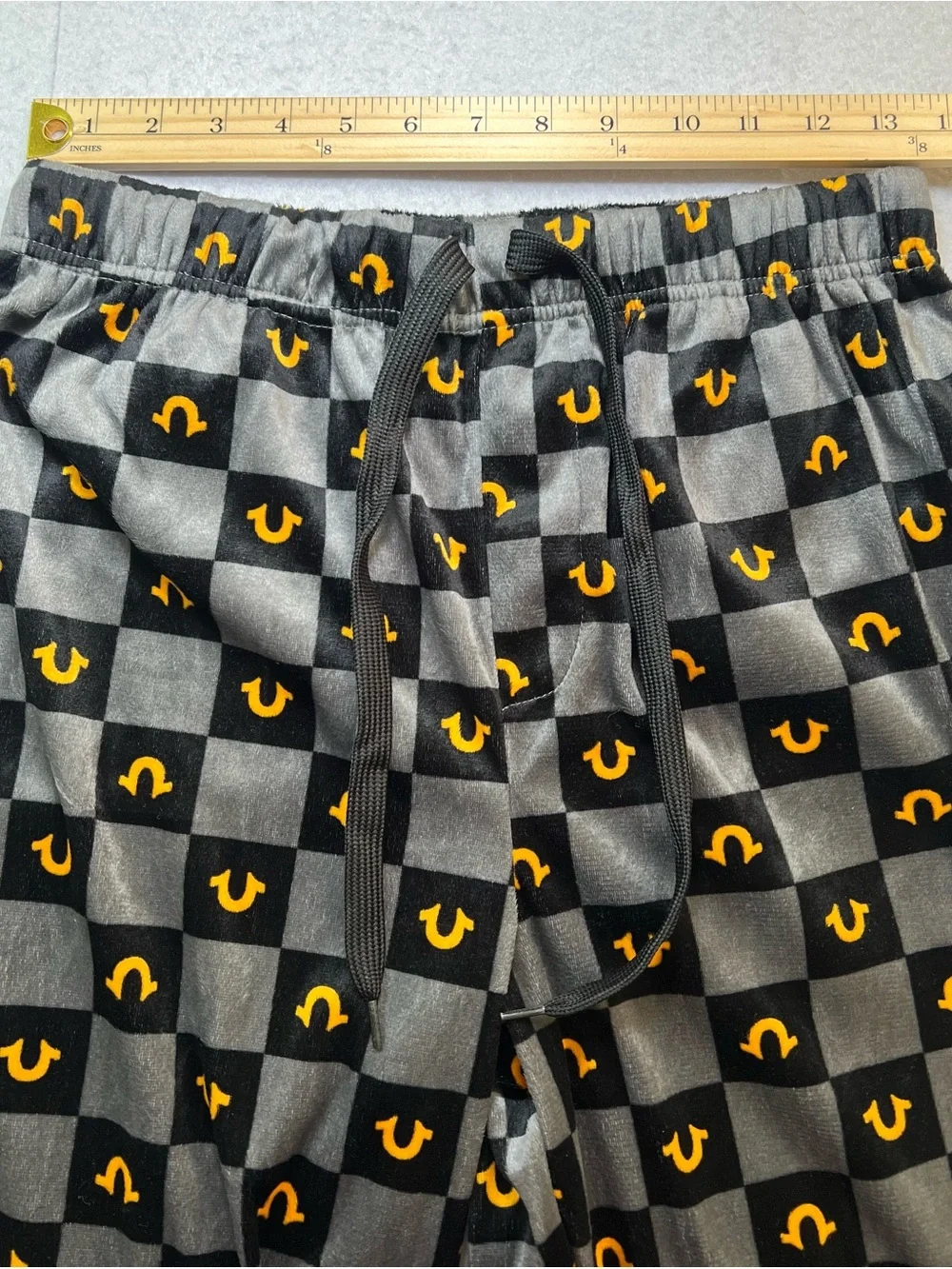 True Religion Men's Checkered Yellow Horseshoe Pajama Pants,Black/Gray, Small